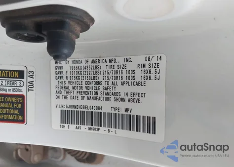 2014 Honda Cr-V Lx z USA, uszkodzony, nr VIN 5J6RM3H39EL043084